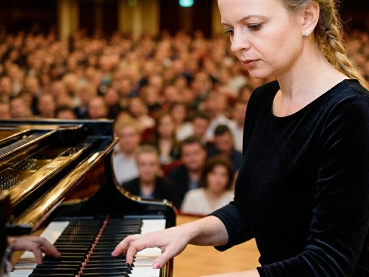Al pianoforte a coda da concerto davanti a una sala gremita.